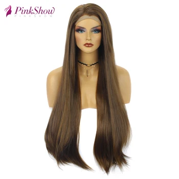 

Pinkshow Long Wigs For Women BrownStraight Hair Synthetic Lace Front Wig Heat Resistant Fiber 30 inches Daily Wig
