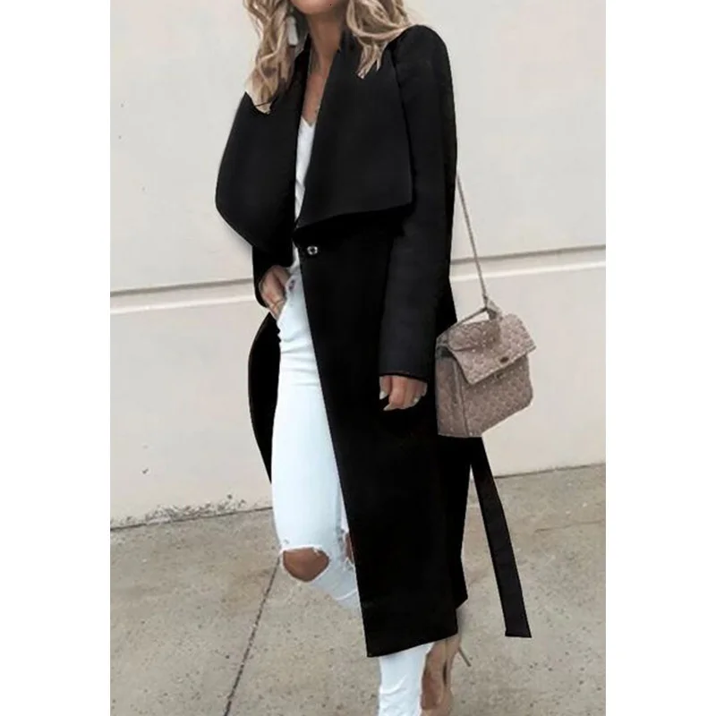 Women Winter Coat Wool Elegant Cotton Long Outwear Solid Turn-down Collar Open Stitch Slim Office Lady Windbreaker Thick Warm
