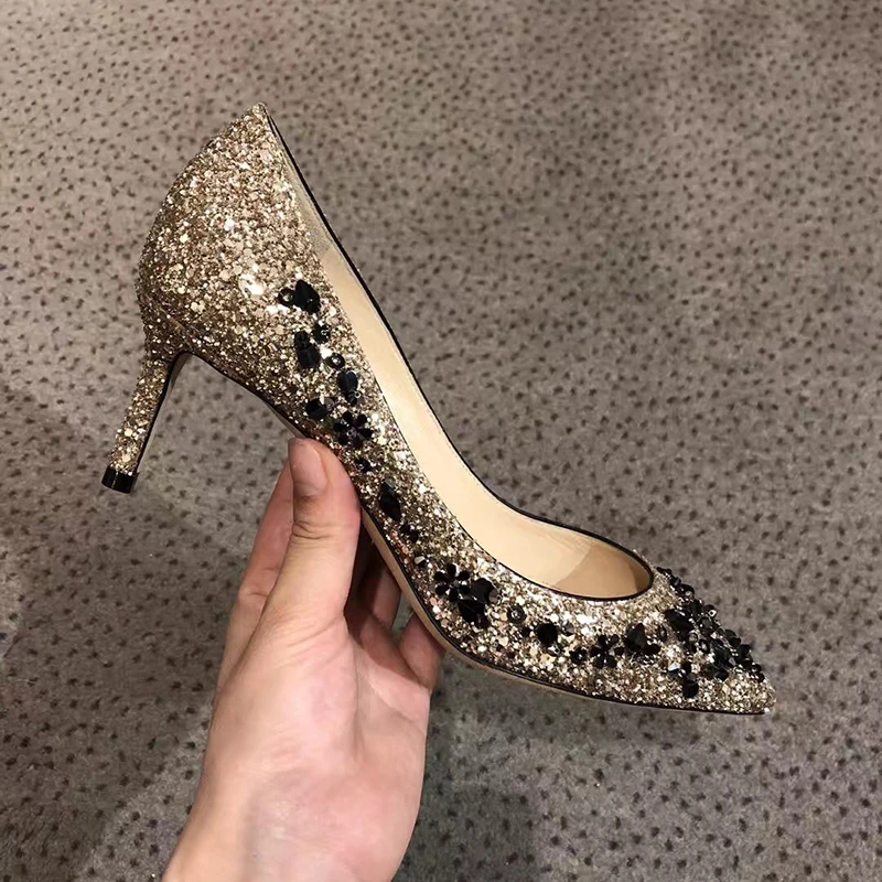 

kmeioo bling bride shoes woman glitter pumps gold stiletto shallow thin heels pointed toe high heels wedding shoes