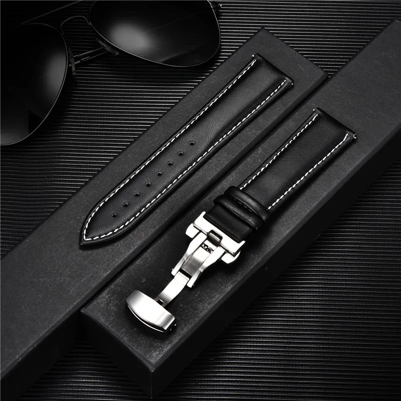 Premium Leather Watchband with Stainless Steel Butterfly Buckle