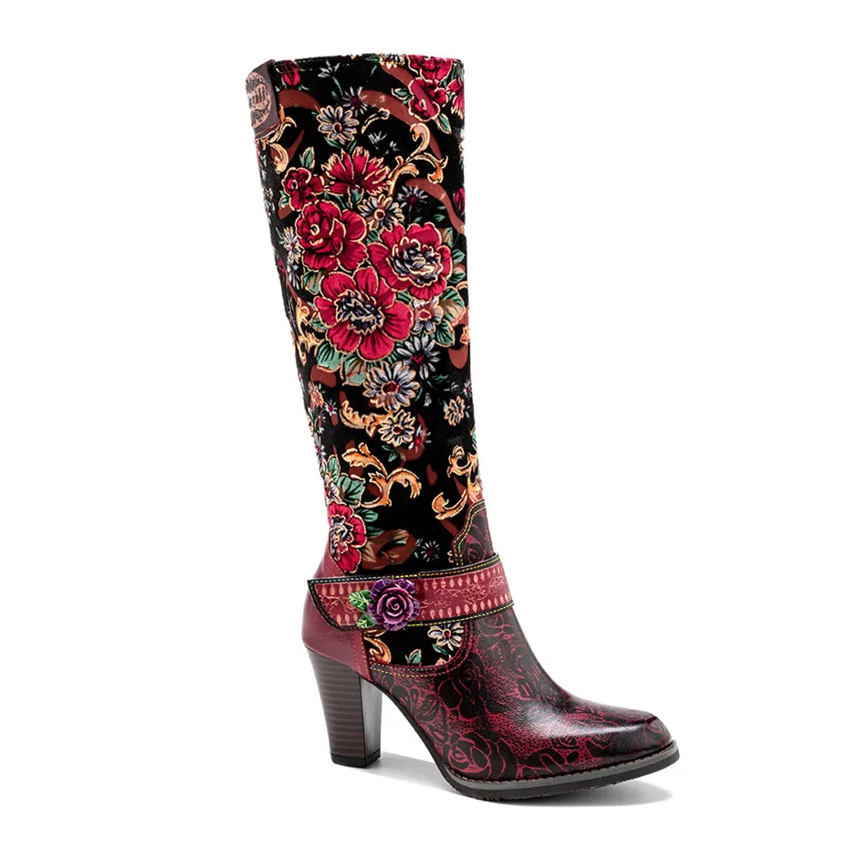 Autumn Winter Distressed Retro Women Riding Boots Three-Dimensional Flower Warmth Women High Heels Knee-High Zipper Boots Shoes (10)