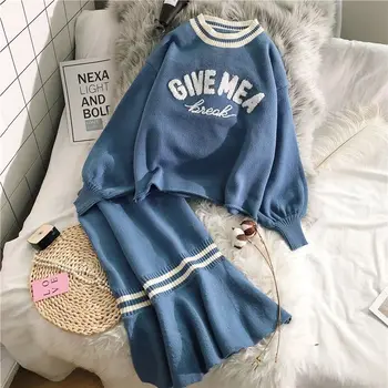 

Women Sweaters Pullovers Letters Embroidery Appliques Young Ladies Loose Tops And Skirts Vestidos Knitted Femme Jumper NS23