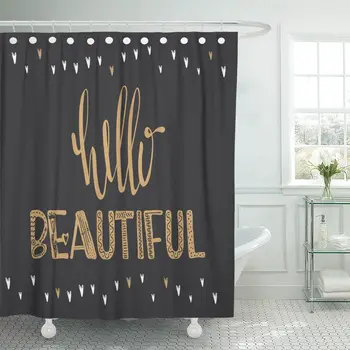 

Yellow Abstract Lettering Hello Beautiful Beauty Black Brush Compliment Shower Curtain Waterproof 60 x 72 Inches Set with Hooks