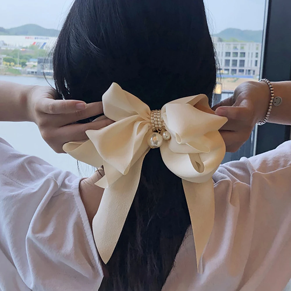 Korean Mesh Pearls Hair Bows French Clips Three Layer Crown Princess Ponytail Hair Clip Sweet