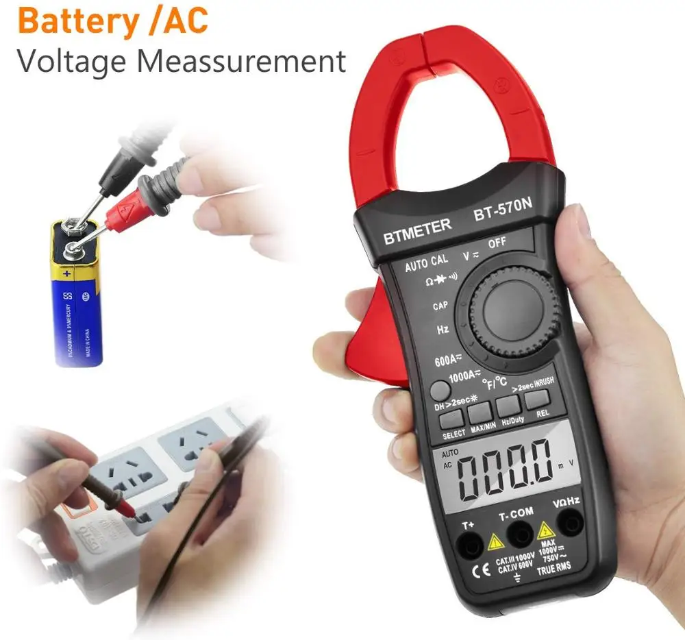 BTMETER-570N True RMS 디지털 클램프 미터, 자동 범위 6000 디스플레이 AC/DC 전류 및 전압 테스터 미터, 돌입 전류 테스트