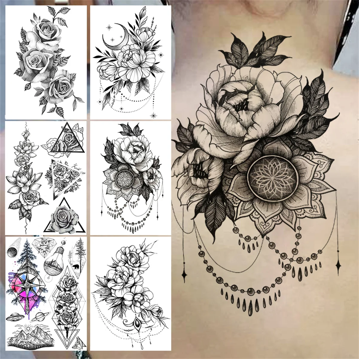 Tatouage Visage Femme Avec Fleur Tatouages Temporaires avec Pendentif Fleur Rose pour Femme et Fille, Faux  Autocollant de Tatouage Pivoine, Géométrique, Croissant de Lune, Dos Floral  | AliExpress