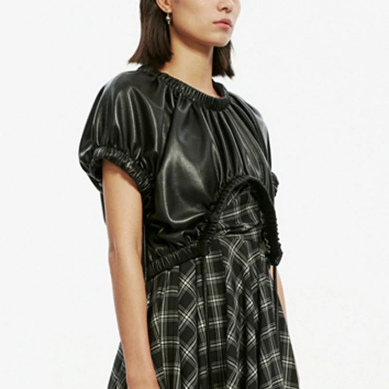 GALCAUR Black PU T Shirt For Women O Neck Short Sleeve High Waist Drawstring Ruched Streetwear Leather T Shirts Female 2020 Tide