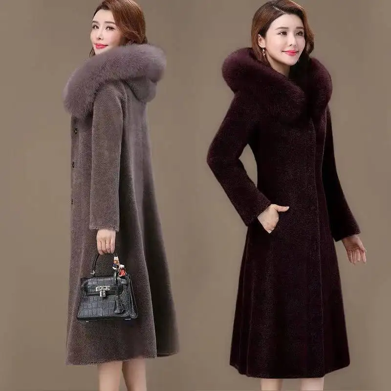 

2019 New Arrival Autumn Winter Women Vintage Coat Natural Sheep Shearing Fur Overcoat Lady Hooded Real Fox Fur Collar Jacket A90