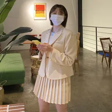 Jupe plissée taille haute pour femmes, costume deux pièces, couleur unie, manches longues, ample 