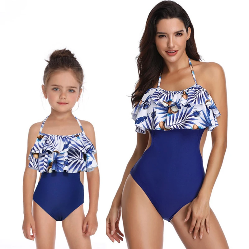 Blue Ruffle One Piece Swimsuit 2020 Mother And Daughter Halter Swimwear Parent-child swimsuit One-piece Monokini | Спорт и