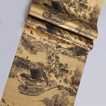 

Gold Color 3D Qingming Painting Wallpaper Restaurant Hotel Foot Massage Store Tea Room Retro Chinese Style Figure Gold Foil Wall