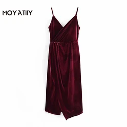 MOYATIIY vestido de terciopelo para mujer, elegante vestido rojo de fiesta con abertura lateral, sin tirantes, con cremallera lateral, 2022