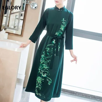 

Vestidos Feminino 2019 Autumn Elegant 50s 60s Dress Women Exquisite Embroidery Long Sleeve Mid-Calf Length Vintage Green Dress