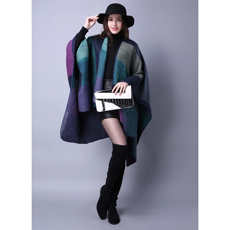 Женская зимняя Двусторонняя Большая накидка, клетчатый свитер-пончо, шаль и шали-кардиганы, плотный теплый шарф из пашмины