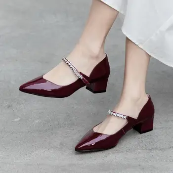 

2020 spring low-top shoes pointed Mary Jane shoes thick heel 5cm TPR middle heel cowhide fashion women's shoes buckle zircon