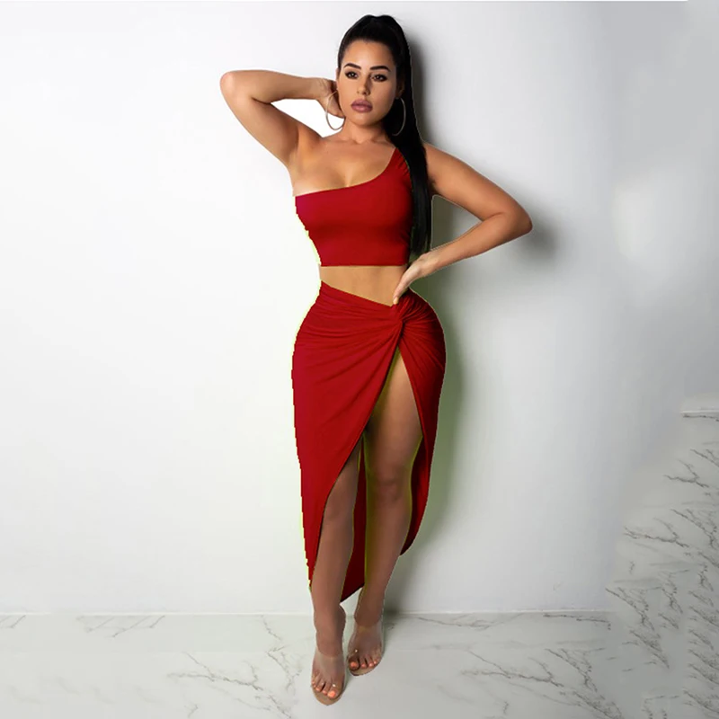 2019 Black Color Two Piece Set Dress For Women One Shoulder Tops Side Ruched High Split Female Bandange Vestidos | Женская одежда