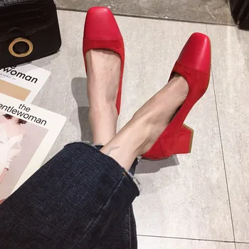 

2020 spring new high heel women fashion simple solid color suede stitching decoration comfortable casual high heels