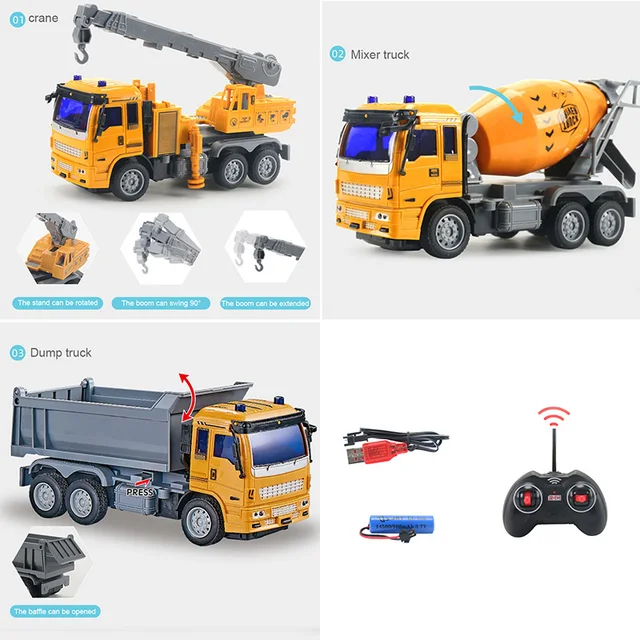 RC Trucks Mini Remote Control Bulldozer 1:32 Plastic Engineering Car Dump Truck Crane Excavator Model Electric Vehicle Toys Gift 4