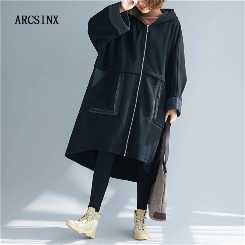 ARCSINX Женская куртка размера d, плюс размер, 4XL, 5XL, 6XL, с капюшоном, флис, длинное пальто, женское, черное, большого размера, пальто и куртки для женщин, 7XL