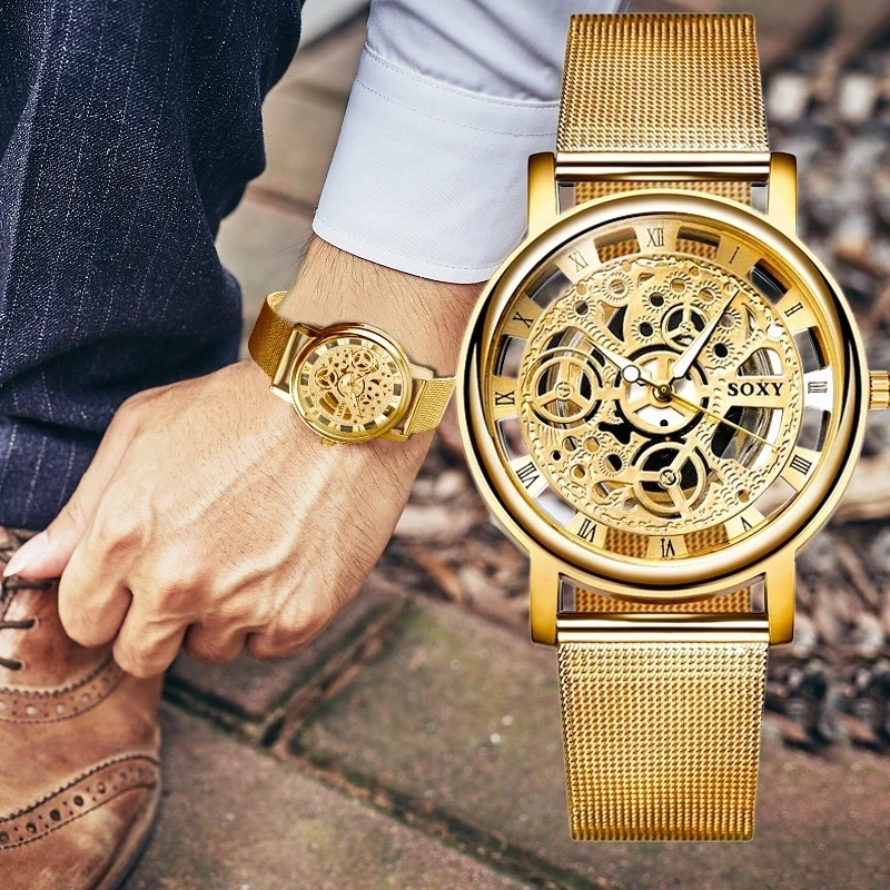 Mens Fashion Hollow Watches Men Business Watch Male Stainless Steel Mesh Belt Skeleton Quartz Wrist Watch relogio masculino 2
