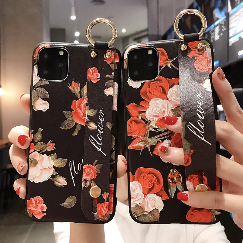 

Wrist Strap Soft TPU Phone Case For iphone 7 8 6 6s plus Cases For iphone X Xs 11 Pro max XR Flower Florals Holder Cover Coque