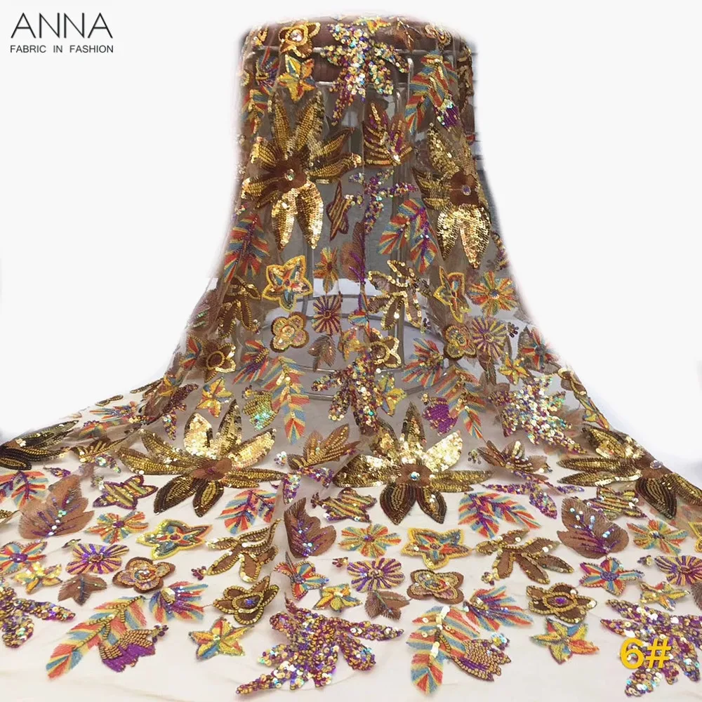 

ANNA Gold Nigerian Sequins Lace Fabrics With Multi Color Embroidered 2019 High Quality African Tulle Lace Fabric For Party dress