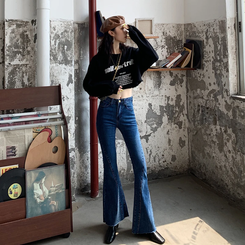 Womens Fashion Casual High Waisted Denim Jeans elastic flare pants jeans