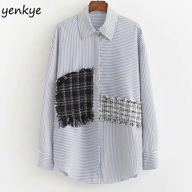 

Irregular Patchwork Striped Blouse Shirt Women Turn-down Collar Long Sleeve Loose Shirts Streetwear Plus Size Chemise Femme