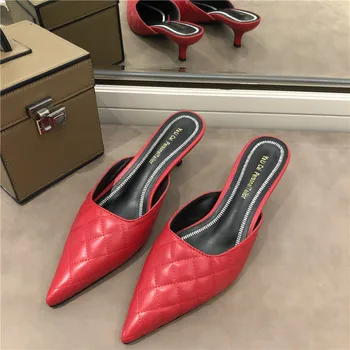 

Hots Sales Pointed Toe Women Slippers Mules Shoes Slip On Fashion Sandals Slides Red Slippers Flip Flops Elegant Pumps Thin Heel
