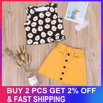 

Girls Clothing Set 2020 Summer Floral Pattern Sleeveless T-shirt+Solid Bottom Skirt Toddler Girl 2pcs Children Clothes Sets 2-6Y