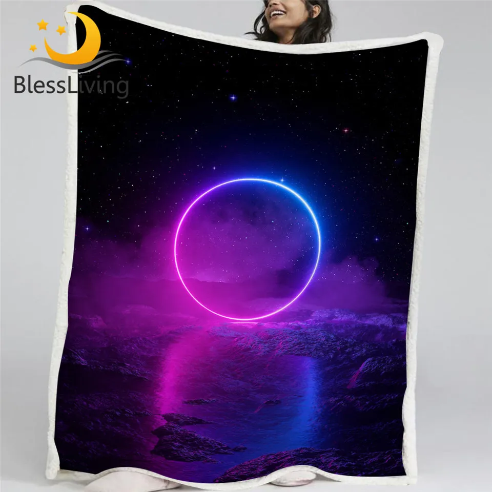 

BlessLiving Circles Fluffy Blanket Sea Throw Blanket Starry Sky Bedding Black Fluorescent Violet Soft Bedspreads 3pcs Drop Ship