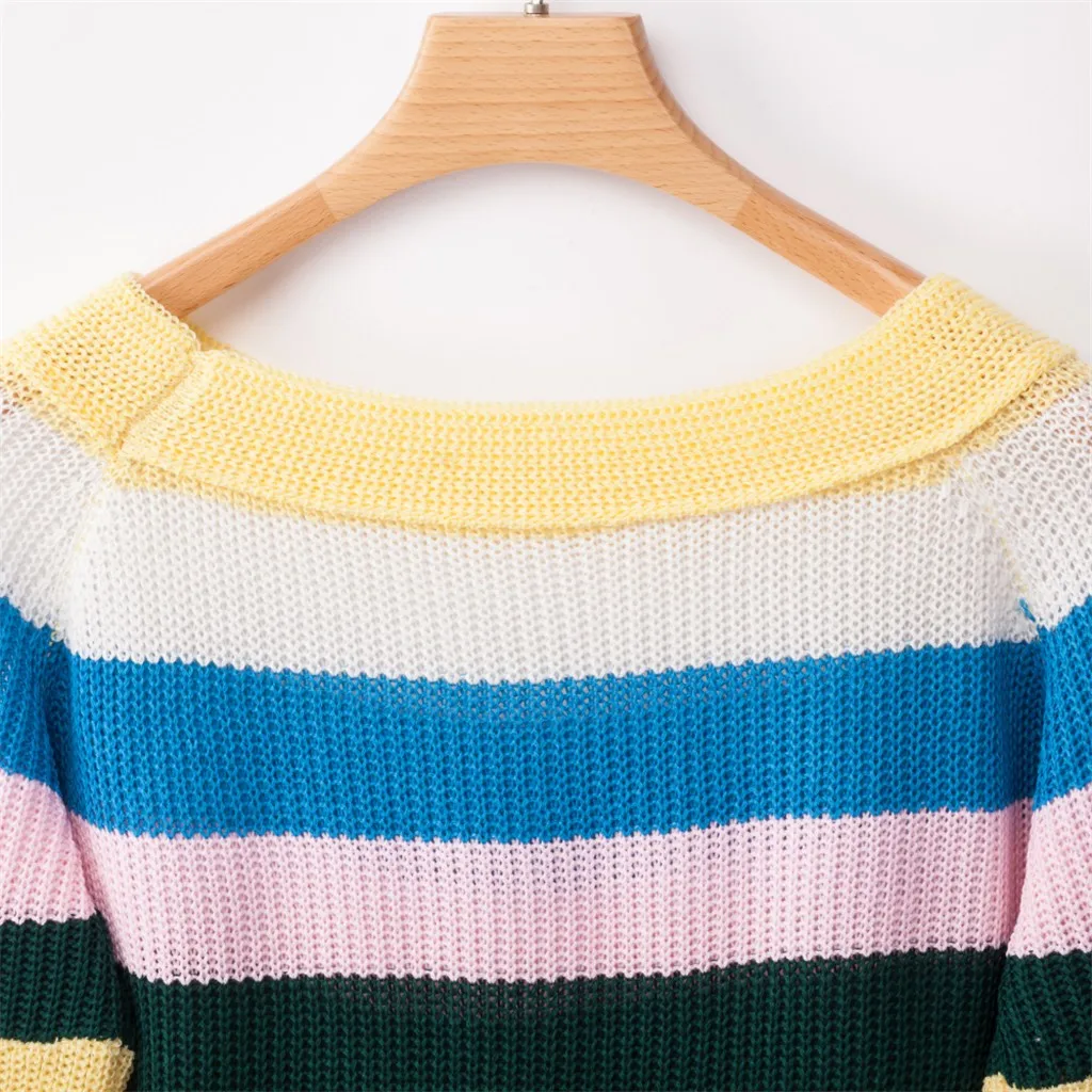 SAGACE, женский сексуальный Свободный вязаный свитер в радужную полоску, топы, блуза, высокое качество, женский свитер с длинным рукавом в стиле пэчворк, топы