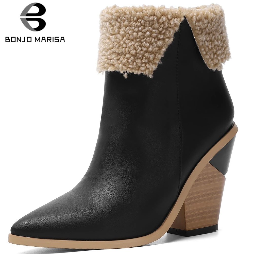 

BONJOMARISA New Big Size 34-43 Brand Pointed Toe Booties Ladies Winter Warm Chelsea Boots 2019 High Chunky Heels Shoes Woman
