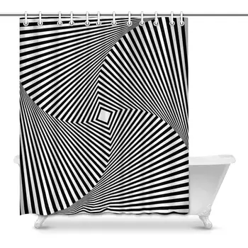 

Black and White Stripes Distorted Squares Abstract Monochrome Waterproof Shower Curtain Decor Fabric Bathroom Set with Hooks,