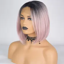 Bombshell омбре с темными корнями светло-розовый короткий боб синтетический 13*3 парик фронта шнурка прямые Термостойкие волокна волос для женщин парики