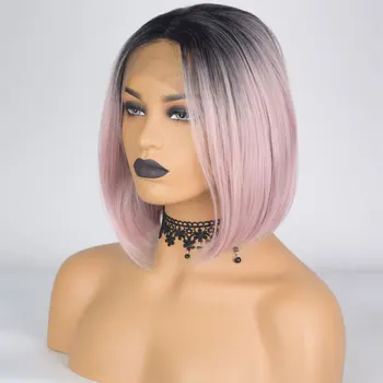 

Bombshell Dark Roots Ombre Light Pink Short Bob Synthetic 13*3 Lace Front Wig Straight Heat Resistant Fiber Hair For Women Wigs