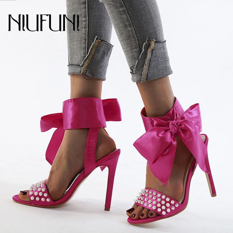 Plus Size 42 Solid Color Bow Rivet Women's Sandals Stiletto High Heels Casual Round Toe Women's Shoes NIUFUNI Sandalias De Mujer