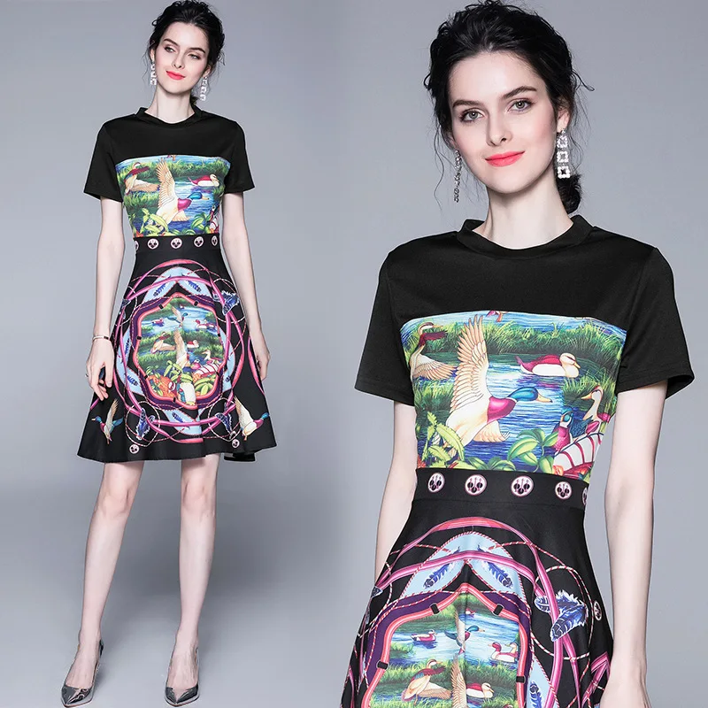 

1506 Summer New Style Europe And America WOMEN'S Dress Joint Crew Neck Short Sleeve Waist Hugging Retro Floral Printed Dress Wom