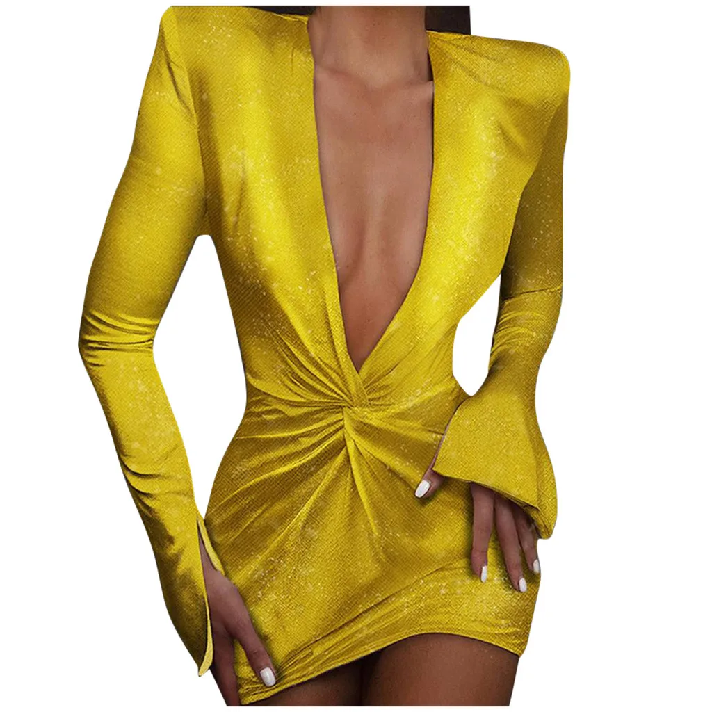 Women Sexy Dress Deep V-neck Long Sleeve Party Dresses Mini Bodycon Ladies For Autumn Spring Evening Clothes Sheath Empire | Женская