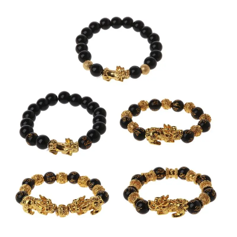 

Black Obsidian Stone Buddhism Six Words Pixiu Bead Bracelet Lucky Amulet Jewelry