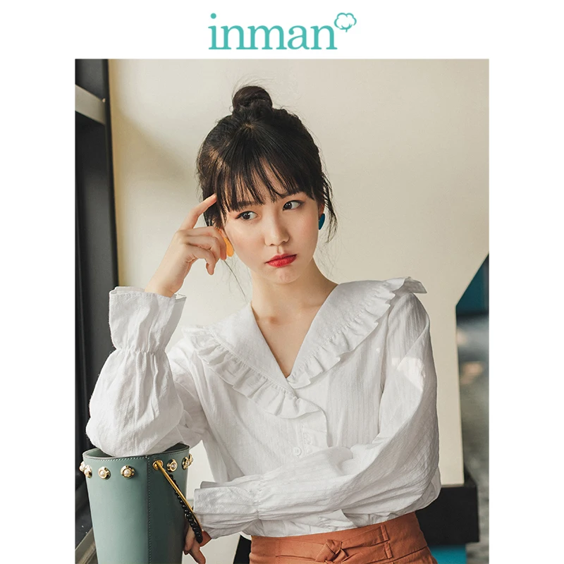 

INMAN 2019 Autumn New Arrival Retro Young Girl Agaric Lace Turn Down Collar 100%Cotton Solid Women Blouse