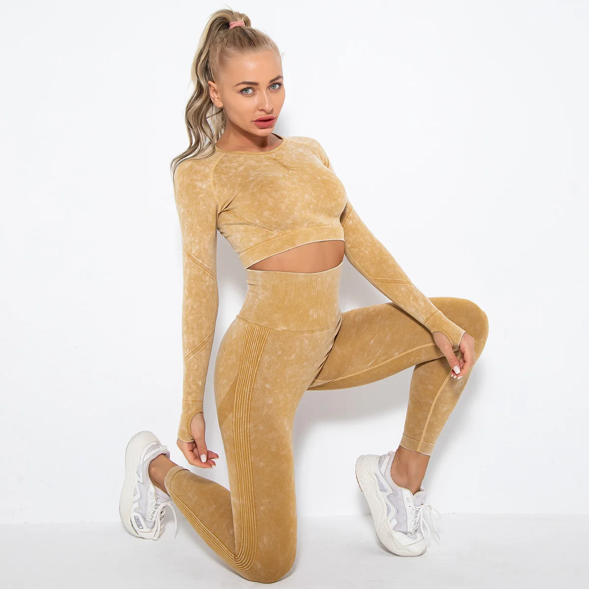 

Sexy Wear Sports Gym Legging Women's Sportswear Yoga Set Workout Clothes New Seamless Fitness Bra Crop Top Long Sleeve Yoga Suit
