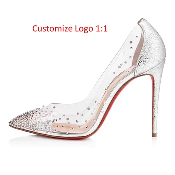 Red Bottom Crystal Gem Pumps Transparent PVC Pointed Toe 8cm 10cm 12cm Super High Thin Heels Women Wedding Party Slip-On Shoes 1