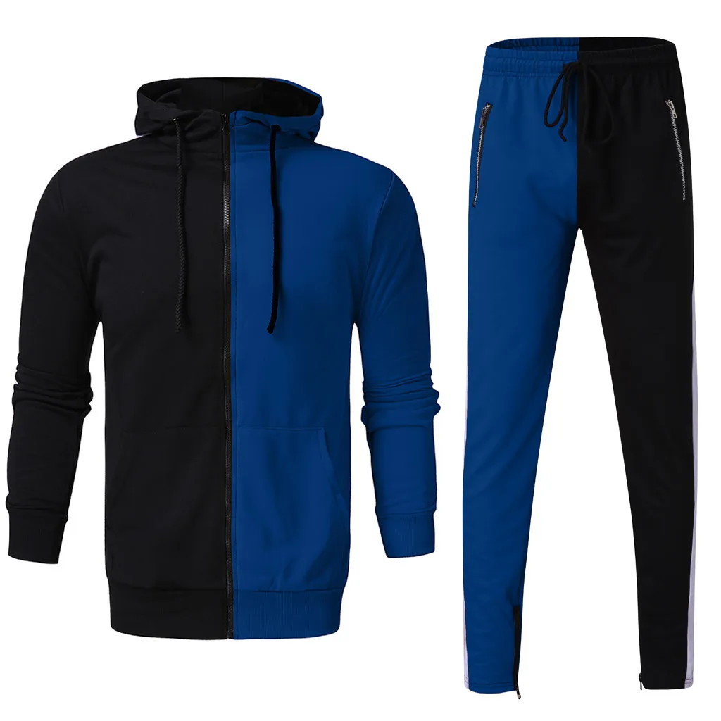 Men's Autumn tracksuit Patchwork Zipper Sweatshirt Top Pants Sets Sports Suit Tracksuit survetement homme ropa hombre - Цвет: Blue