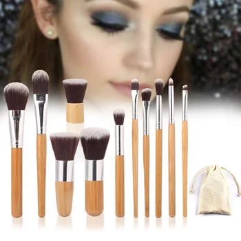 

11pcs Bamboo Handle Makeup Brush with Soft Synthetic Fiber Bristle Linen Bag ZG88