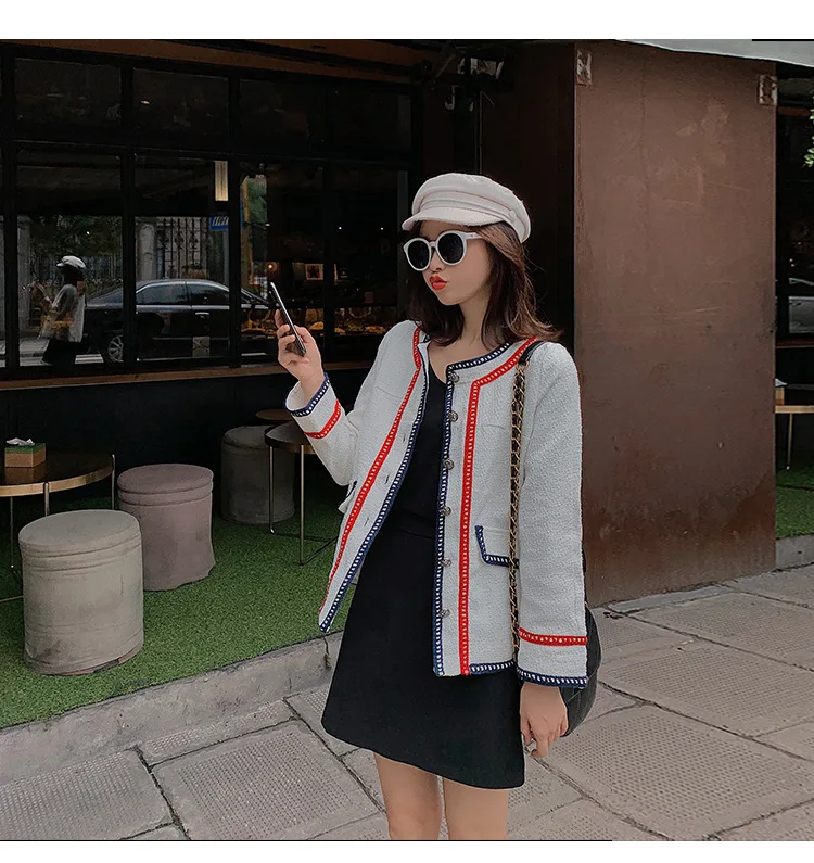 Твидовое изящное Короткое женское пальто стиль Мода весна и осень корейский стиль свободный крой с длинным рукавом верхняя одежда