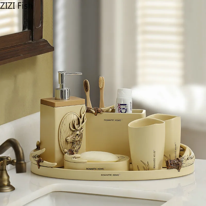 

Deer Head Pattern Resin Bathroom Accessory Set Washing Tools Bottle Mouthwash Cup Soap Toothbrush Holder Household Articles