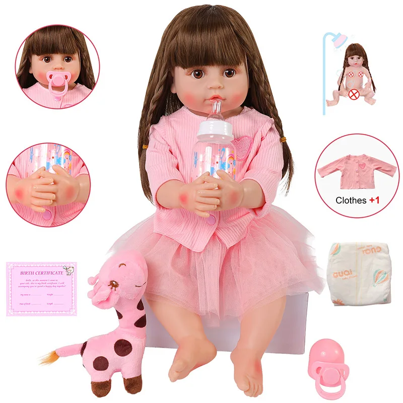56CM Lifelike Reborn Baby Doll With Brown Eyes Realistic 22''Newborn Baby Dolls Full Body Silicone Pink Clothes Adorable Boneca