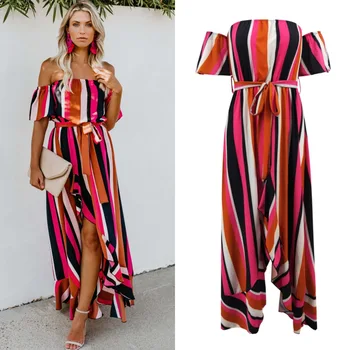 

BacklakeGirls Women Casual Color Rainbow Sexy Boat Neck Striped Tropical Club Holiday Beach Fashion Long Dresses Vestito Lungo