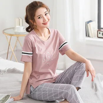 

Pajamas Women's Summer Pure Cotton Short Sleeve Trousers Two-Piece Set Plus-sized Size Tracksuit Summer